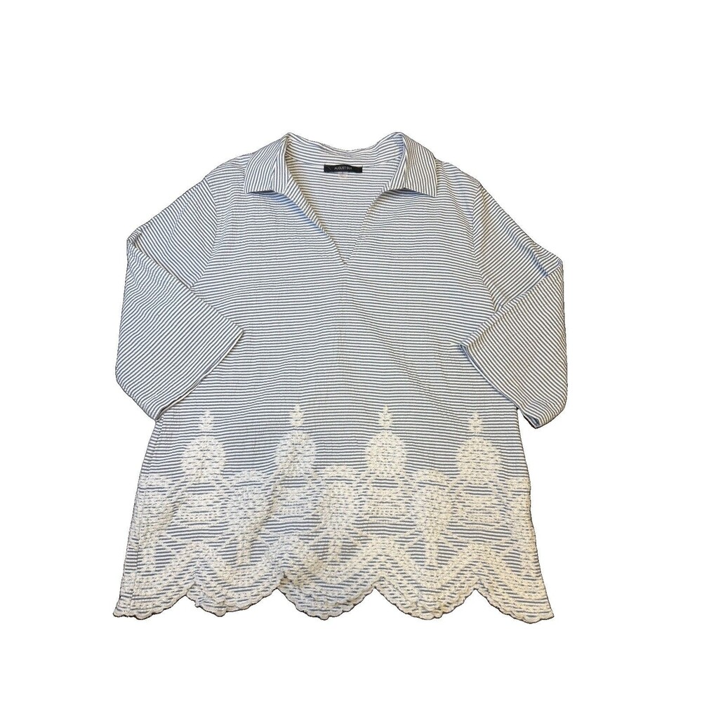 August Silk Women's Large Tunic - Blue Striped, Stretchy, 3/4 Sleeve, Cotton